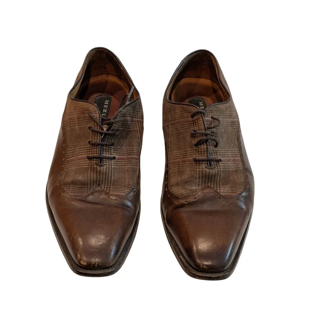 Mezlan Mens Brown Leather Glen Plaid Fabric Wingtip Oxford Dress Shoes 10 M‎